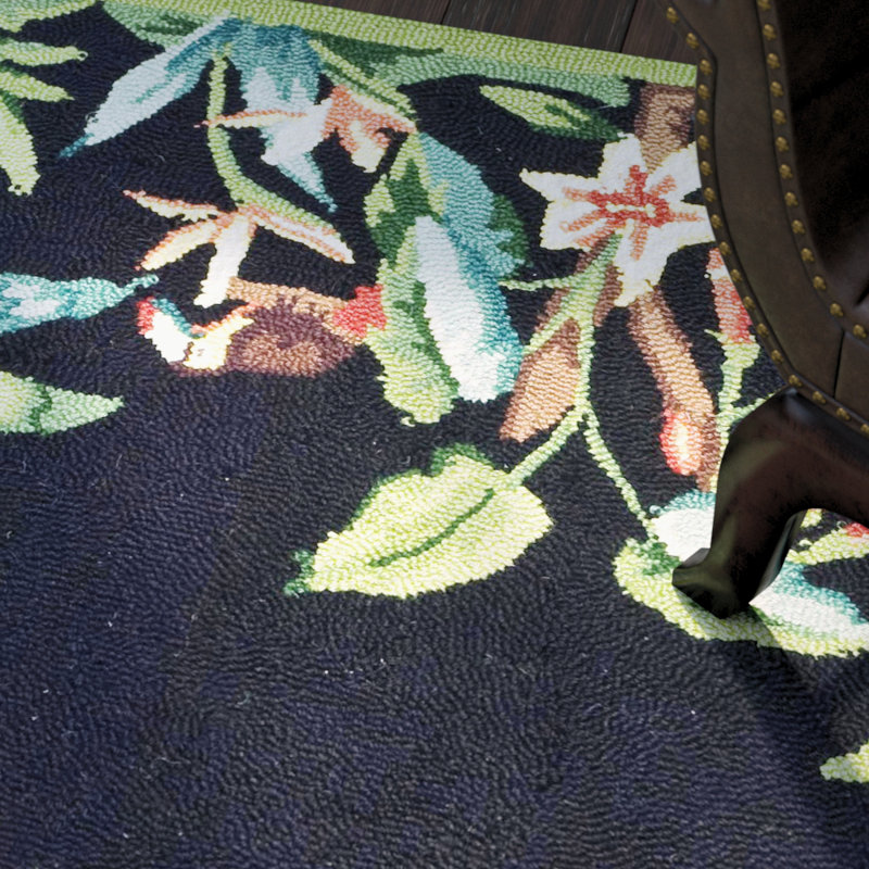 Tapis noir / vert en laine crocheté à la main à motif floral Hogle, Rectangle 9 pi x 12 pi