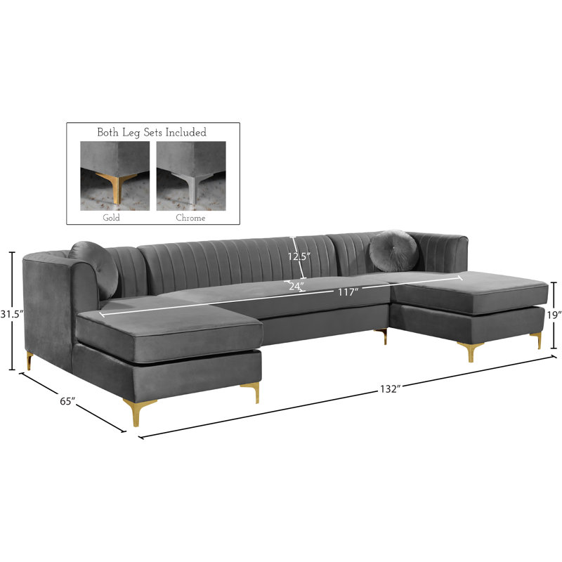 Shingleton Velvet U-Shaped Sectional Symmetrical, Grey Velvet