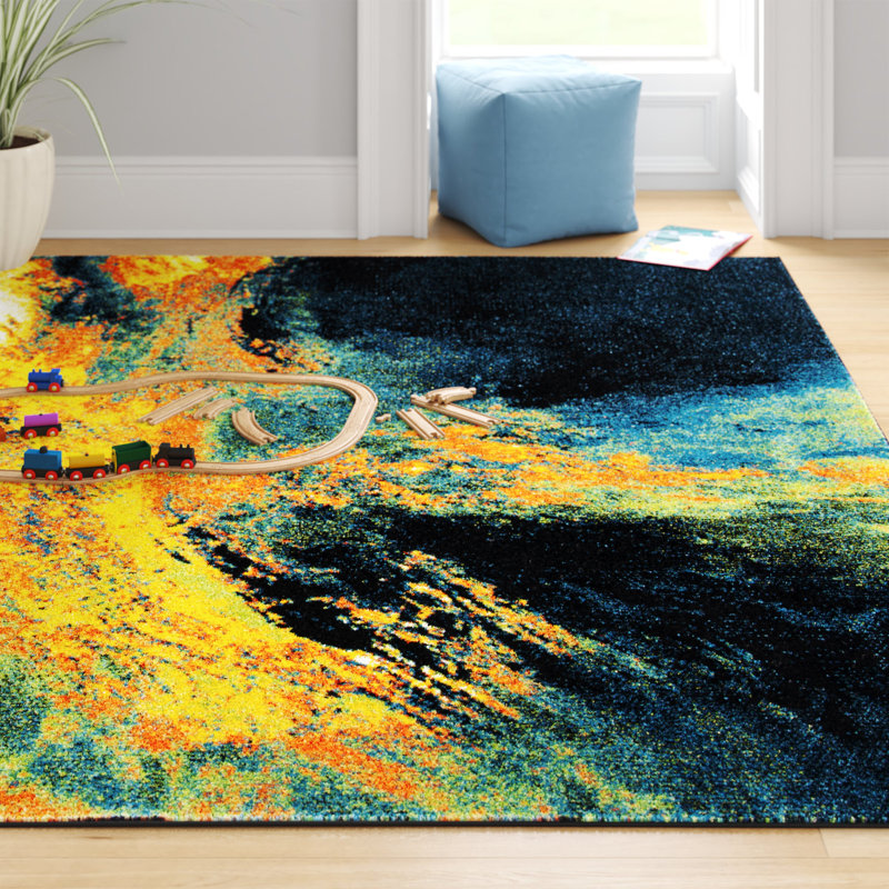 Robidoux Abstract Teal/Yellow Area Rug, Rectangle 8' x 10'