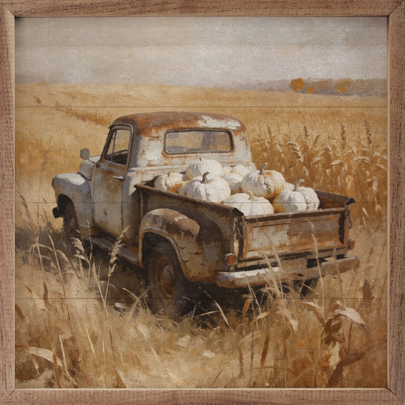 Camion blanc et citrouilles, H 12 po x l 12 po