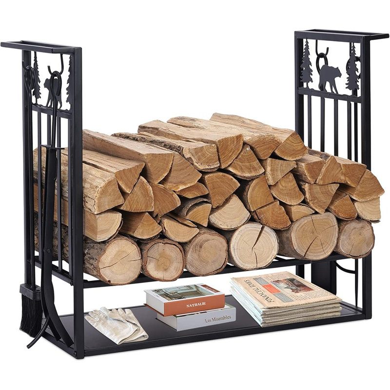 Support à bois de chauffage avec 4 outils de foyer, accessoire de rangement extérieur robuste pour bûches de bois de foyer avec pelle, tisonnier, pince, balai