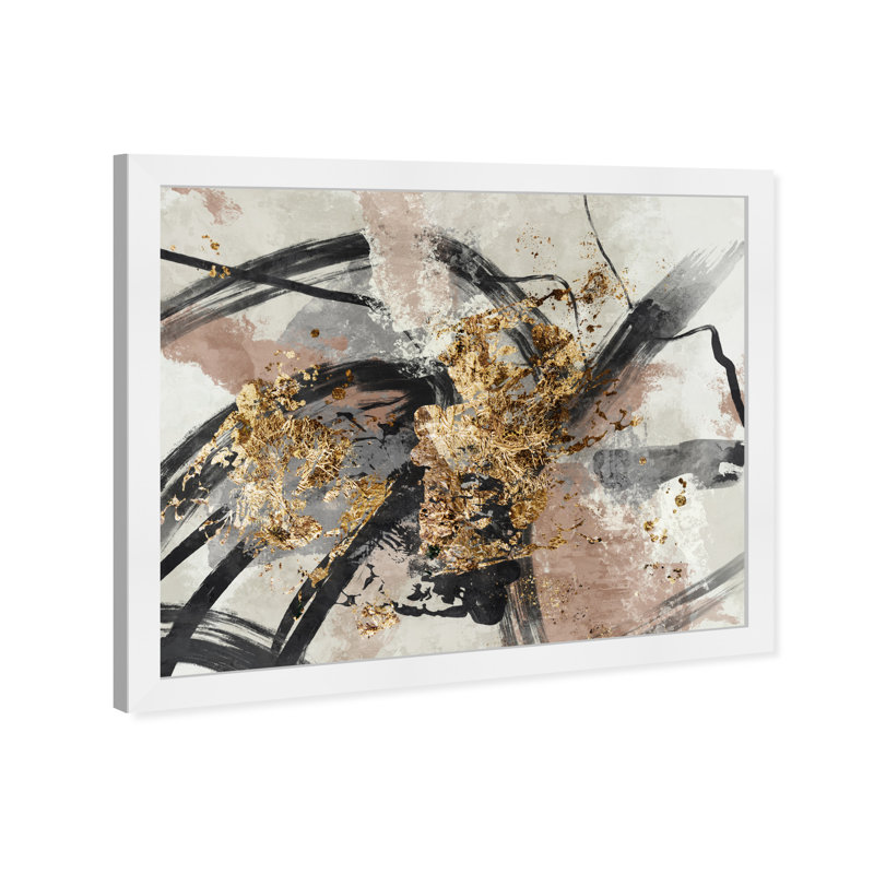 Éclat d'or abstrait métallique moderne - peinture encadrée, H 16 po x l 20 po, Papier avec cadre blanc