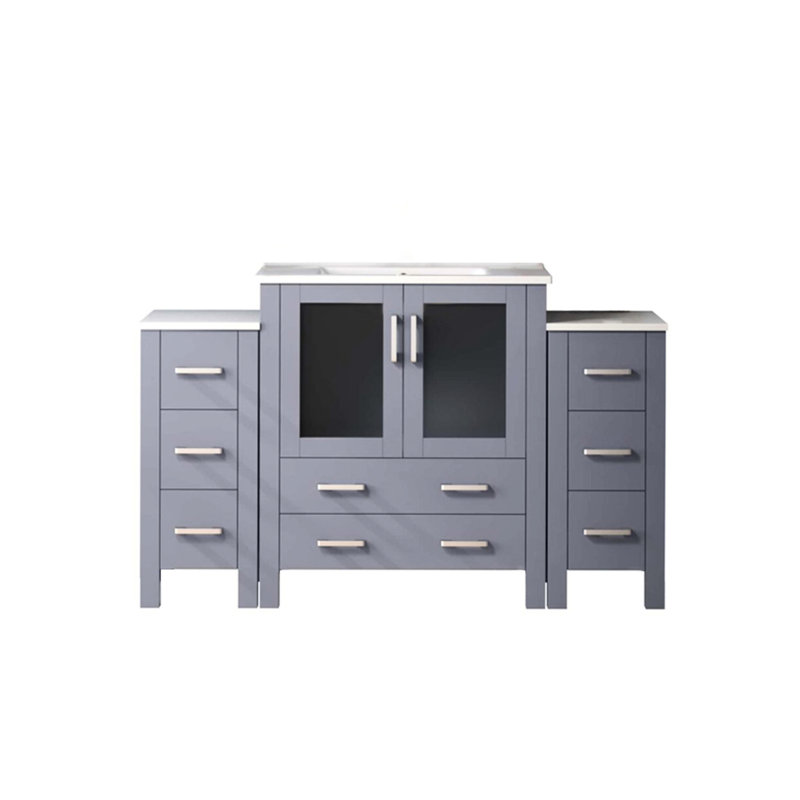 Meuble-lavabo simple gris foncé 54 po Large avec armoires latérales, surface en céramique blanche, structure en bois massif, système de tiroir à fermeture en douceur, une armoire intérieure et 8 tiroirs pour l'espace de rangement, teinture