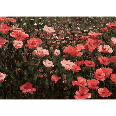 Coral Floral Field With Wood Grain - Wrapped Canvas Painting