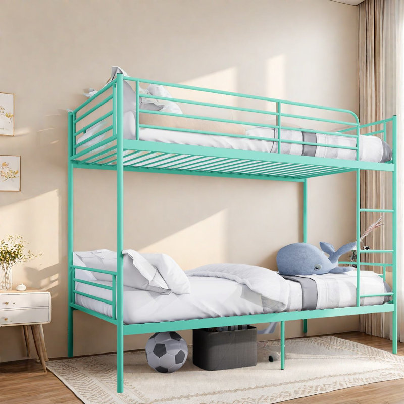 Space-saving Twin Metal Beds With High Guardrail, Green Finish