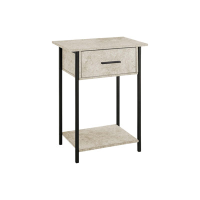 Contemporary 2-Tier Accent Table With Storage Drawer, Metal Legs, And Stone Laminate Finish For Living Room