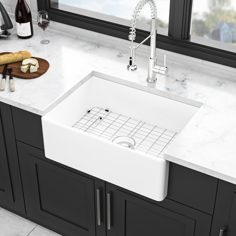 White Ceramic 28 - Inch Single Bowl Kitchen Sink: Comes With Drain Assembly, Bottom Grid, 304 Stainless Steel Dish Basket Strainer, Scratch And Stain , Long Lasting Discoloration Easy To Maintain