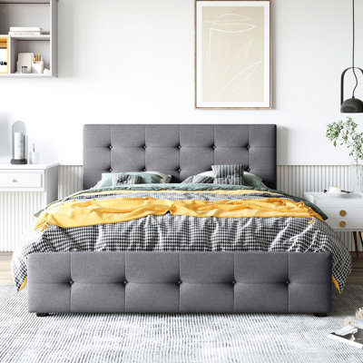 Lit plateforme tapissier gris foncé avec 4 tiroirs de rangement, grand lit. Aucun sommier tapissier requis. Fabrication robuste et robuste. Système de rangement pour chambre à coucher, grand lit, tiroirs modernes,