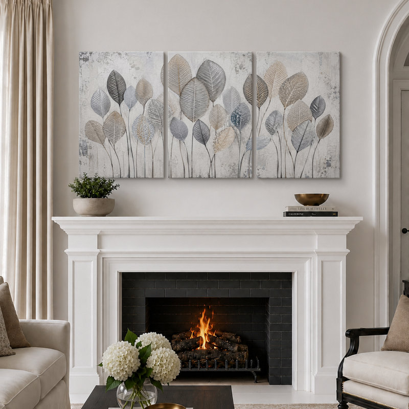 «Neutral Silver Leaf Botanical Art», photos de salon, impression sur toile encadrée, 3 pièces, H 24 po x l 48 po x P 1,5 po