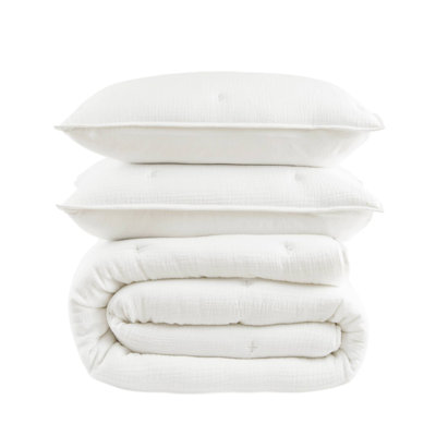 Premium King Bedding Sets, Cotton Crinkle Quilt, Tranquil White For All Seasons