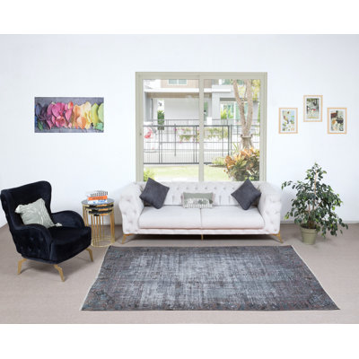 Tapis turc 5,5 x 8,2 pi fabriqué à la main dans des tons de gris, idéal pour la décoration moderne de maison et de bureau