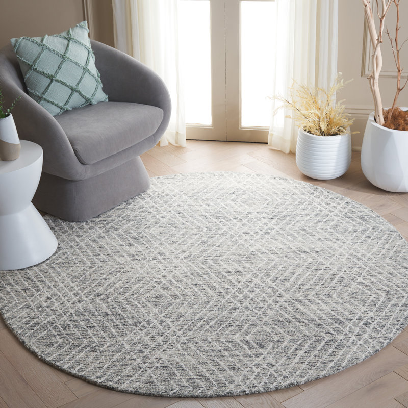 Ulbertus Hand Tufted Wool/Chenil/Cotton Abstract Rug in Ivory/Gray, Round 6'