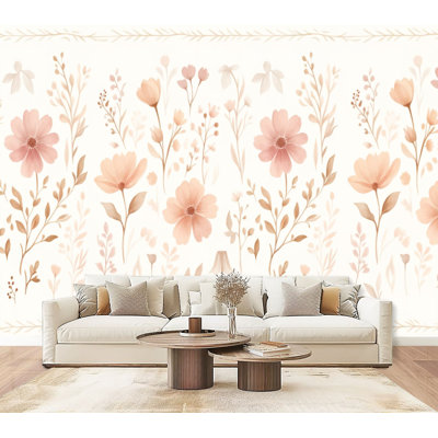 Papier peint adhésif à motif floral pastel à motif de fleurs de pêche douces et délicates Botanical Elements H 69 po x l 96 po, papier peint amovible en PVC, autocollant pour chambre à coucher, bureau à domicile