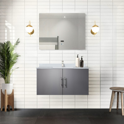36 po W Meuble-lavabo gris foncé, comptoir en quartz blanc, robinet, miroir à DEL - résistance aux taches et aux égratignures, qualité durable