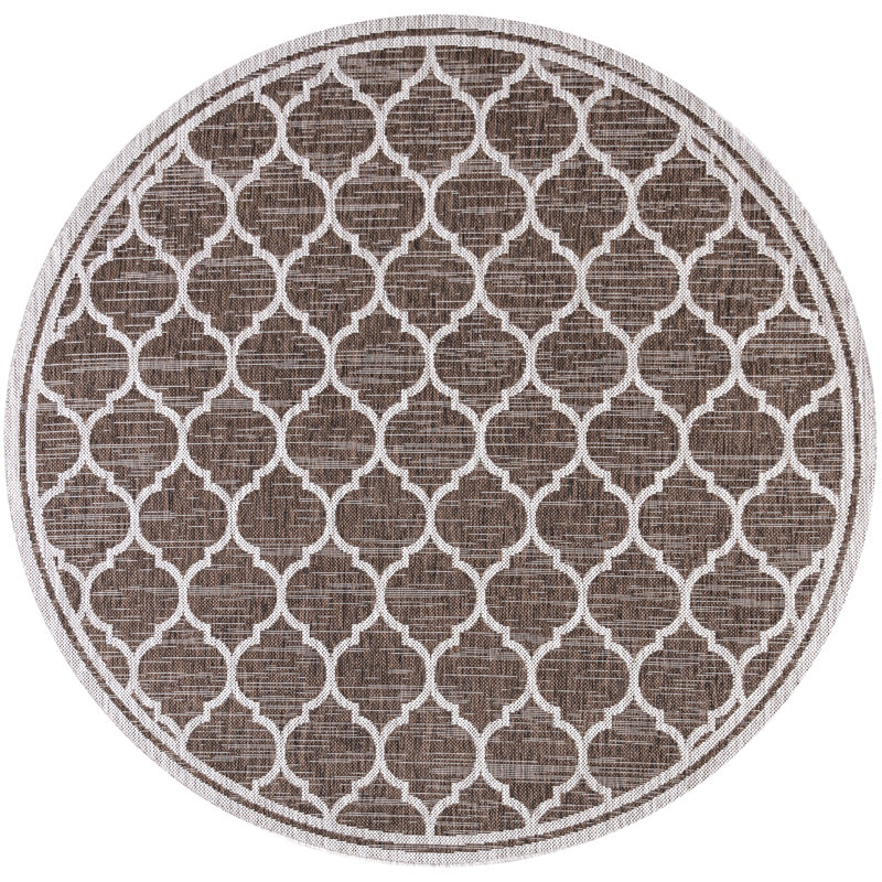 Hague Moroccan Trellis Textured Weave Espresso/Taupe Indoor/Outdoor Rug, Round 5'3"