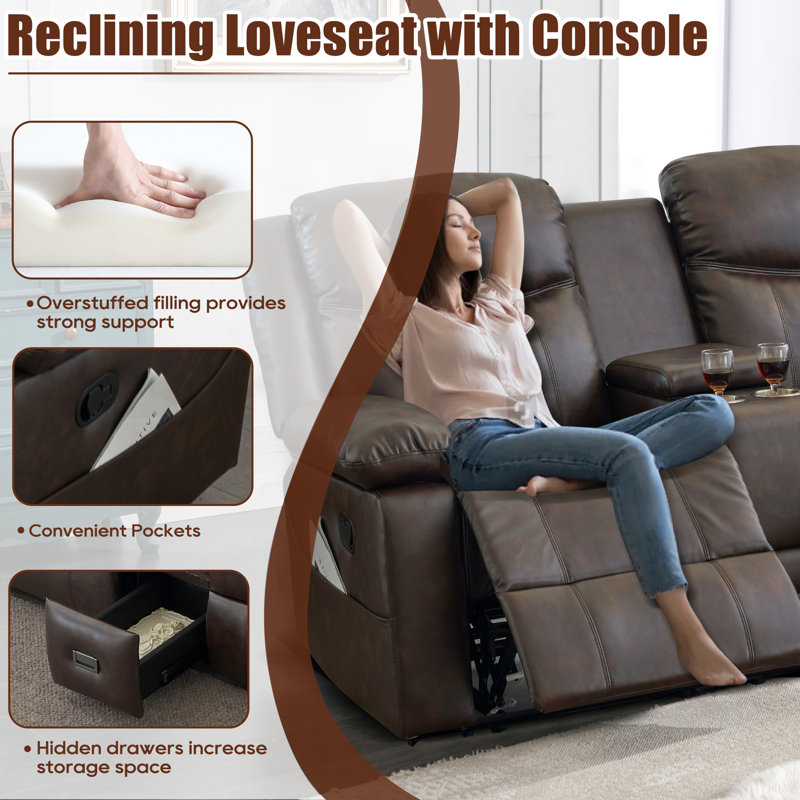 Ambert 70'' Faux Leather Manual Reclining Loveseat with Console Recliner with Heat and Massage - Easy Assembly