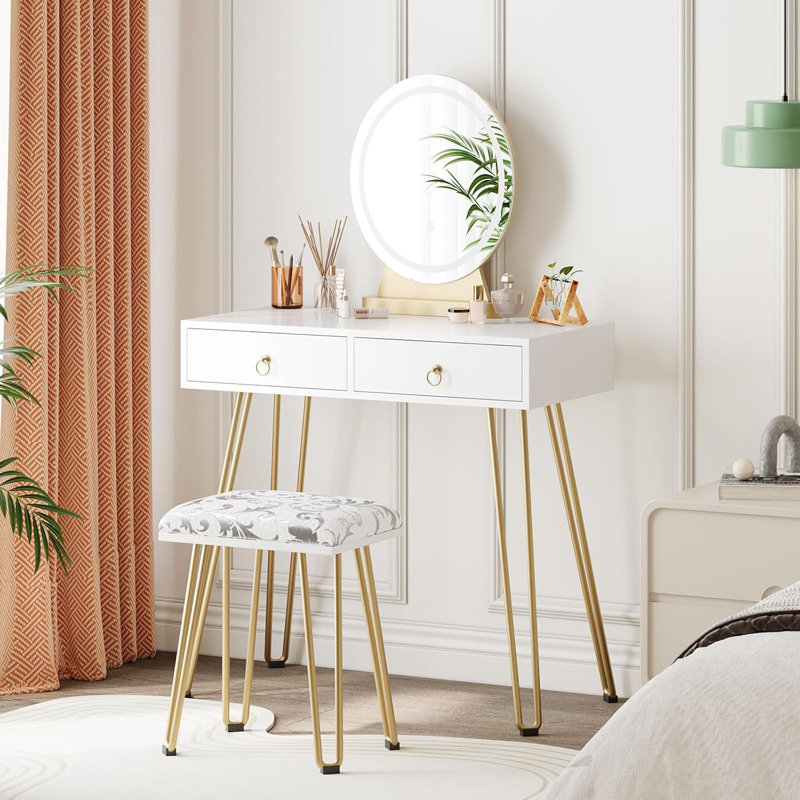 Bureau de coiffeuse blanc avec tabouret - Petite coiffeuse avec 3 modes d'éclairage Luminosité réglable - Coiffeuse 32 po avec 2 tiroirs