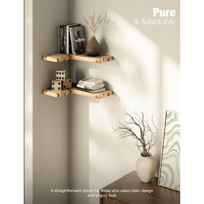 2 Piece L-Shaped Acacia Floating Shelf, Oak
