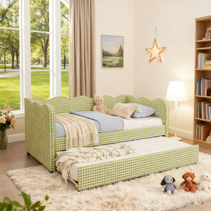 Daybed With Trundle, Twin Size Sofa Bed, No Box Spring Needed, USB Port, Adorable Wave Shaped, Linen Fabric, Green, Twin