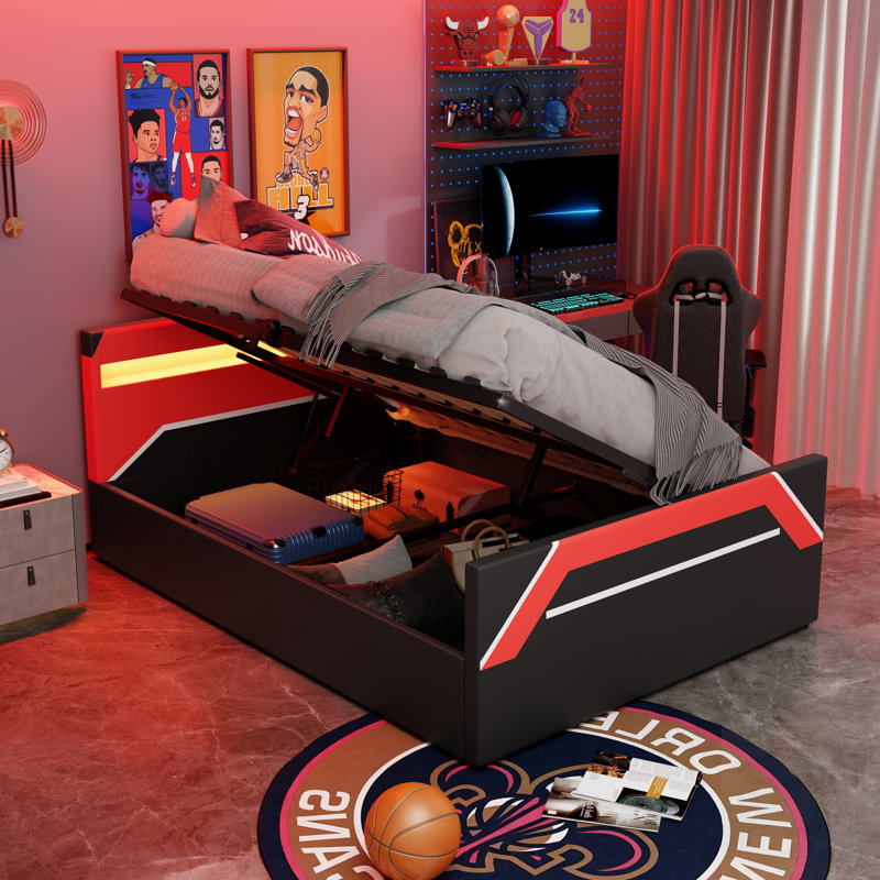 Lit de jeu avec éclairage à DEL 7 couleurs intégré, rangement hydraulique à levage latéral, style Cyberpunk, Noir / Rouge