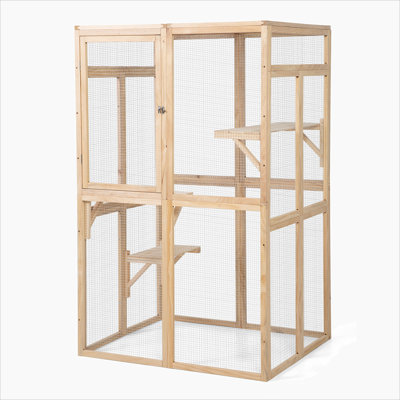 Enclos d'extérieur pour chat en bois, maison pour chat avec plateformes, hamac et porte, condo pour chaton, Burlywood