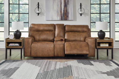 Caramel Brown Leather Power Reclining Loveseat with Cup Holder