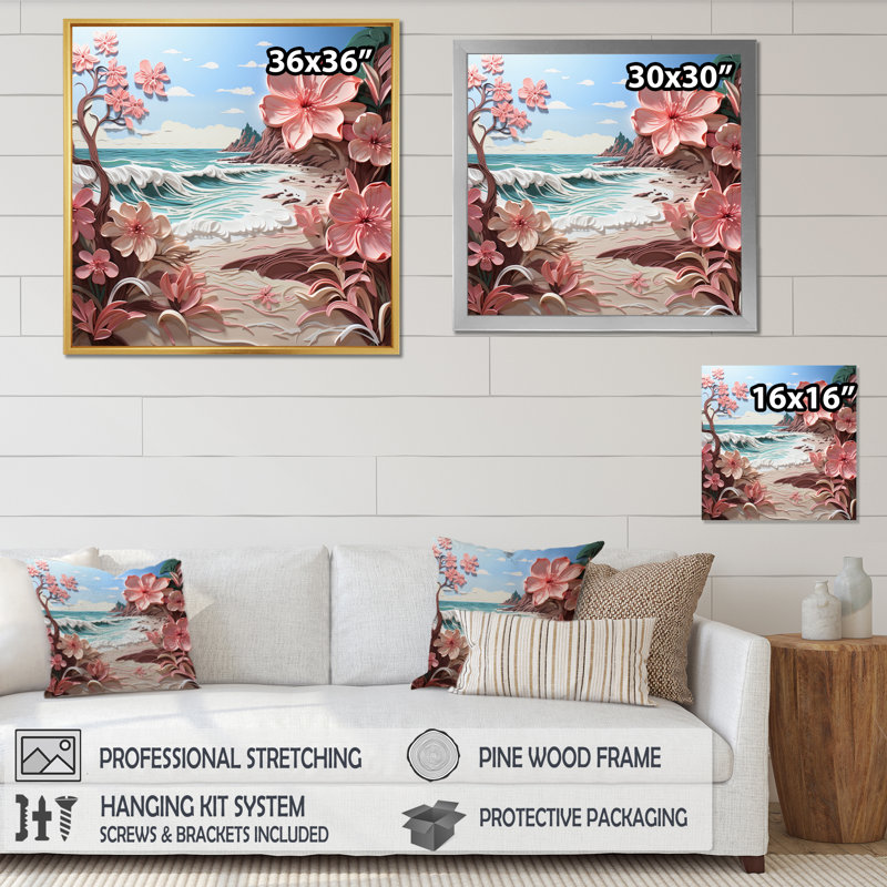 " Pink Beachside Bloom Papercut II ", Silver Single Picture Framed, 36" H x 36" W x 1.5" D