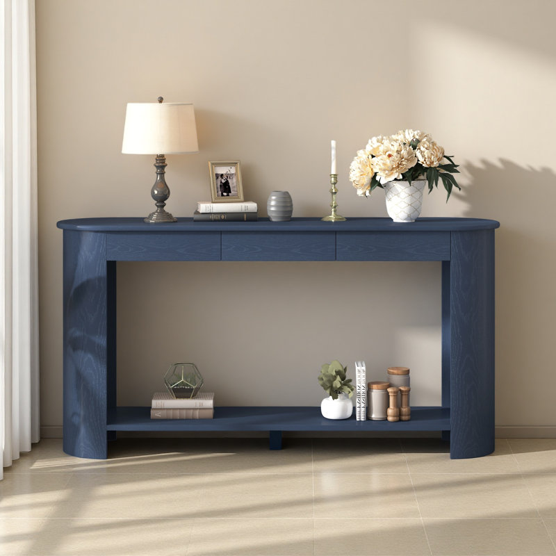 59.8'' Modern Oak Veneer Console Table With 3 Drawers,Farmhouse Entryway Table With Shelf,Wood Sofa Table With Semi-Circular Design
