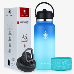 Bouteille d'eau avec couvercle en paille 32 oz et 2 couvercles, isolé contre les fuites, sans BPA, garde au froid pendant 24 heures, chaud et 12 heures, bleu-vert