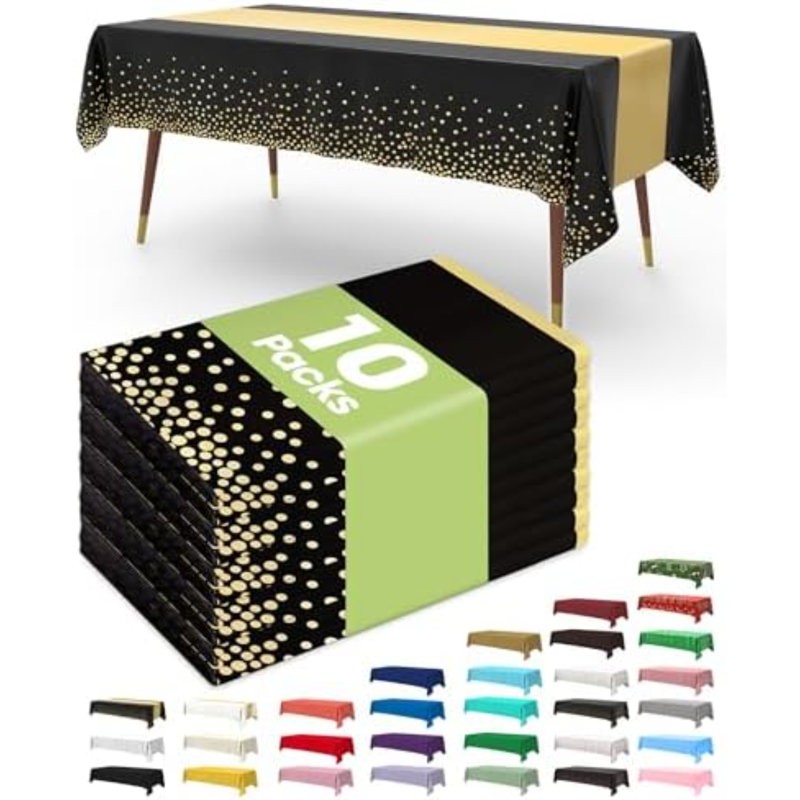Nappes jetables en plastique 137 x 274 cm (54 x 108 pouces), ensemble de 10, noir et or, Noir, or