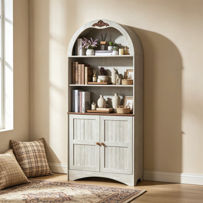 Buffet/bibliothèque arqué autoportant de 180 cm (71 po), style vintage, avec applique décorative, étagères et charnières réglables, sangle anti-basculement incluse, idéal pour la salle à manger et le salon, gris et chêne.