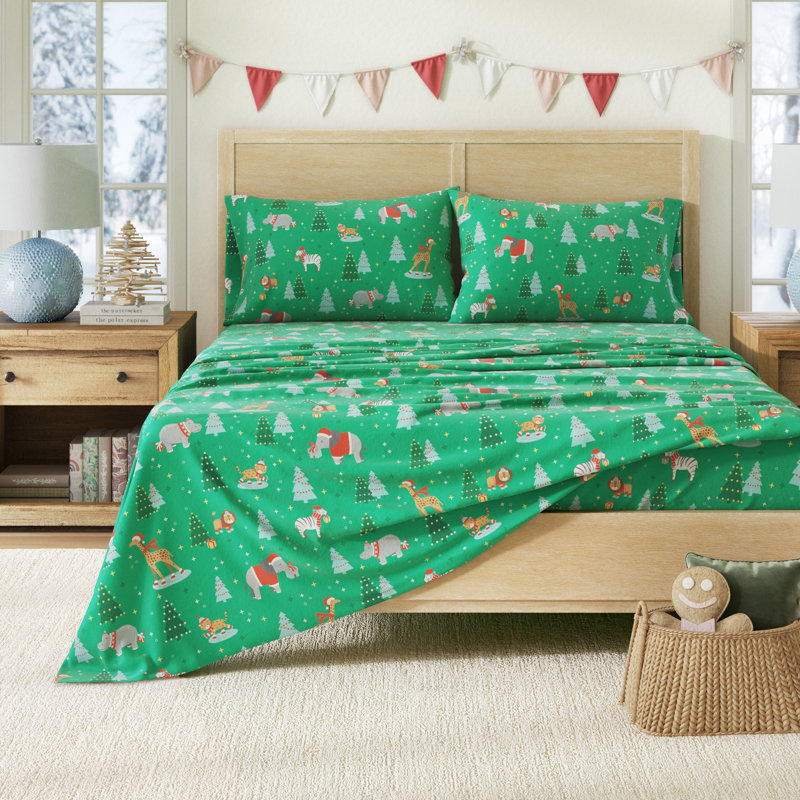Ensemble de draps de Noël 100% flanelle de coton turc, Animaux de safari Noël, Double avec 2 taies d'oreiller