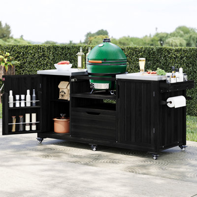 Îlot de cuisine 66,5 po pour gril à gros œufs, chariot de barbecue en bois massif pour barbecue de table avec plateau en acier inoxydable, tiroir, compatible avec un grand gros œuf, Kamado Joe