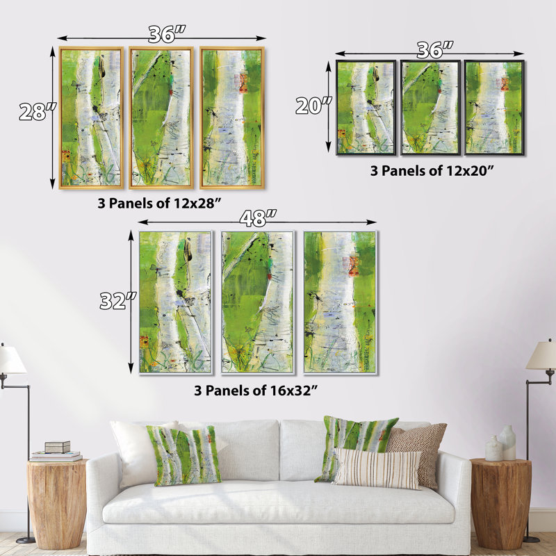 «Green Birch Forest», ensemble d'art mural sur toile encadré traditionnel de 3, H 32 po x l 48 po x P 1 po, Noir