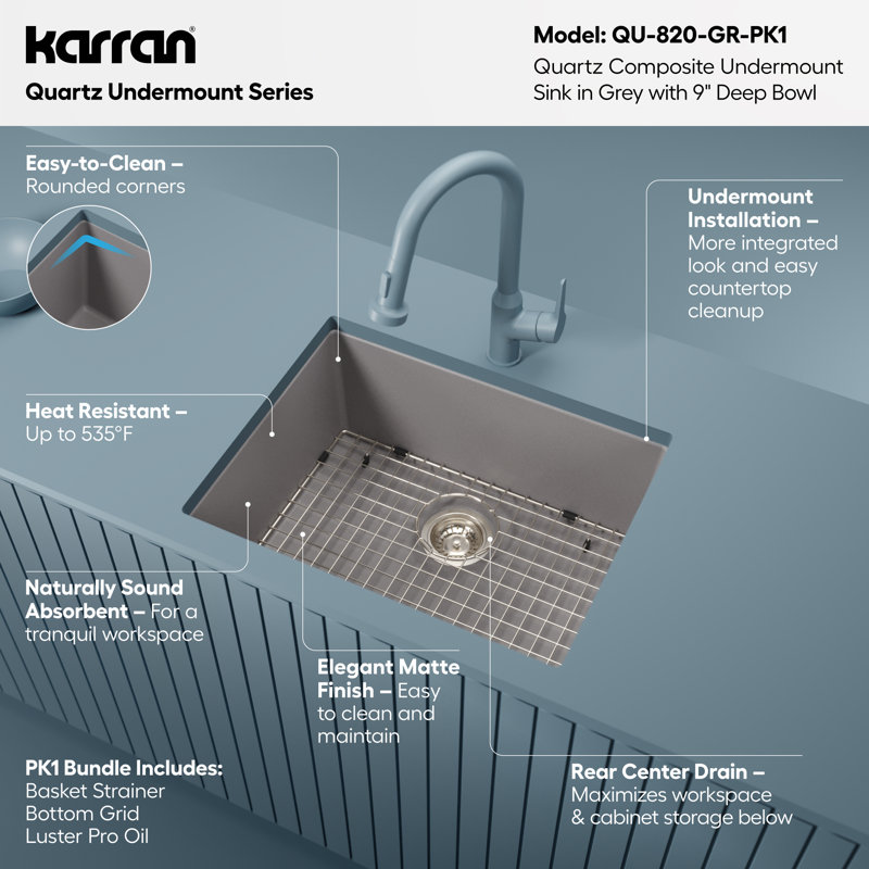 Karran Quartz 24-3/8'' X 19-1/8'' Single Bowl Undermount Kitchen Sink Kit, Gray