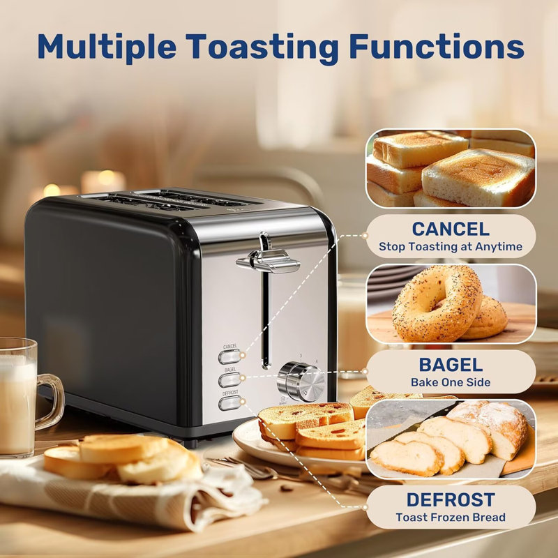 YSSOA Stainless Steel 2 Slice Toaster, 6 Browning Setting and Bagel/Defrost/Cancel Functions, Retro Compact Oven, Extra Wide Slot, Removable Crumb Tray