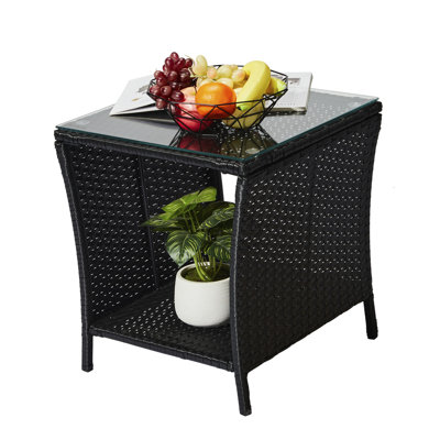 Versatile Black Wicker Patio Side Table - Perfect For Porch, Garden, Backyard, Balcony & Cafe Use