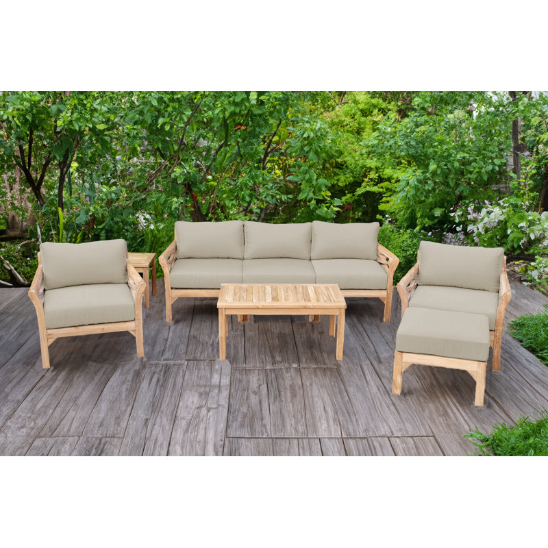 Monterey Outdoor Teak Conversation Set, 5 Pcs:  Sofa,Chair,Cushion,Table,Ottoman, Antique Beige