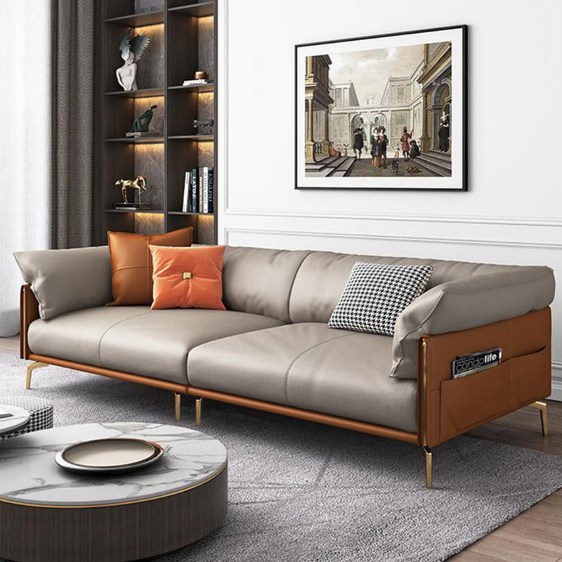 Khaki Genuine Leather Modular Sofa cushion couch, 32.68" H x 110.24" W x 39.37" D 