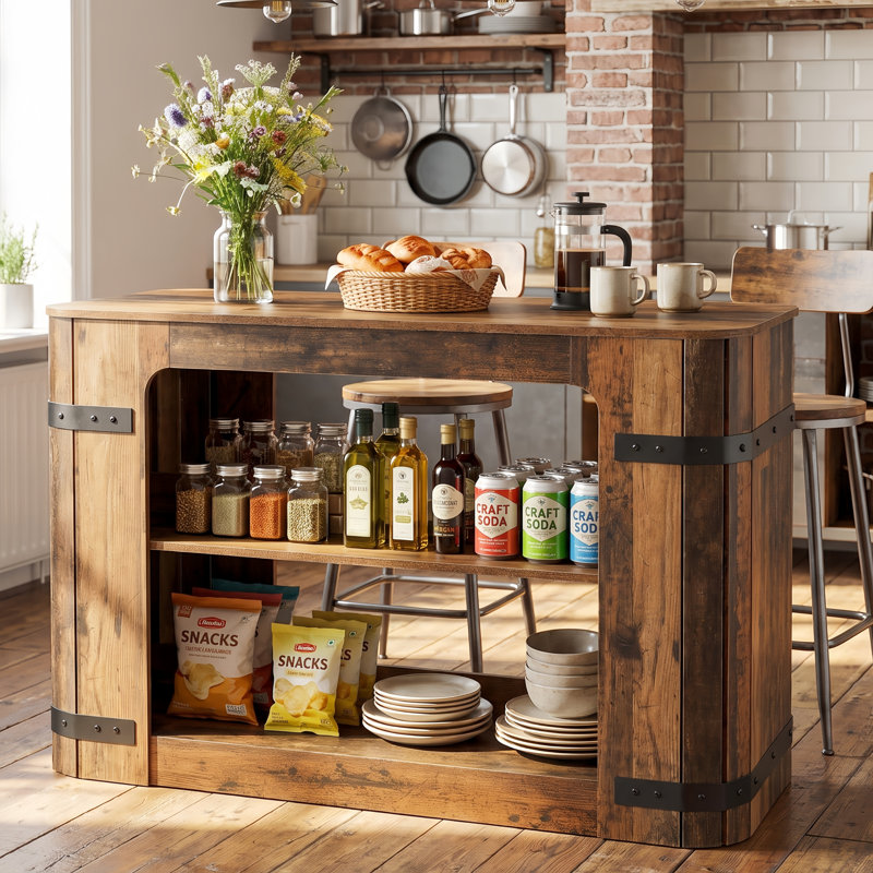 Îlot de cuisine rustique de 55 po avec tablettes de rangement, table de bar industrielle avec détails en métal noir et espace pour les jambes, table de pub peu encombrante pour les petites cuisines