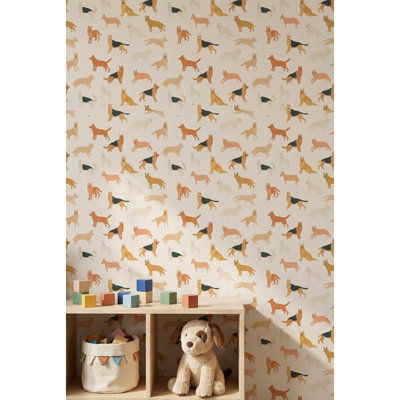 Whimsical Dogs Wallpaper Beige Animal Print Removable Wall Decor