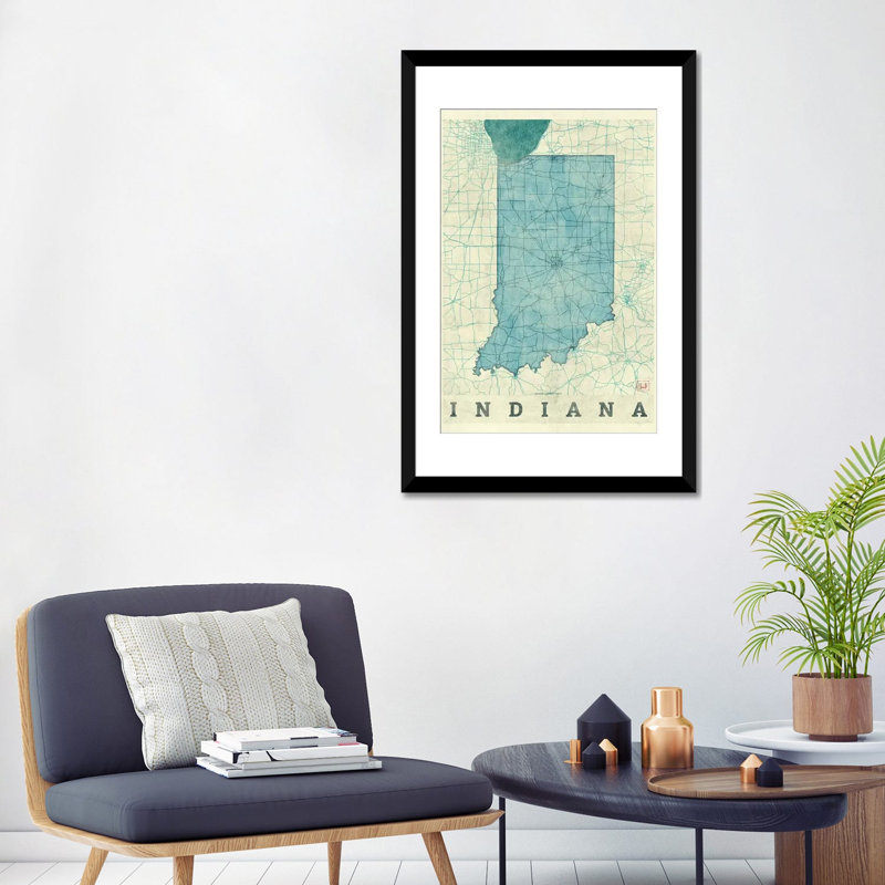 « indiana map », impression sur toile, H 24 po x l 16 po x P 1 po, Papier d'art encadré noir, Blanc