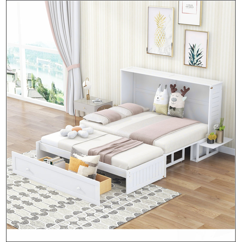 Grand lit escamotable mobile avec tiroir et petites tablettes de chaque côté