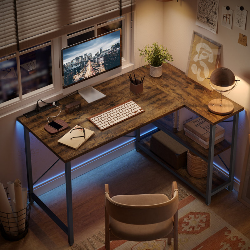 Aaleia Modular L-Shaped Stainless Steel Computer Desk with Built-In Electrical Outlet, Rustic Brown