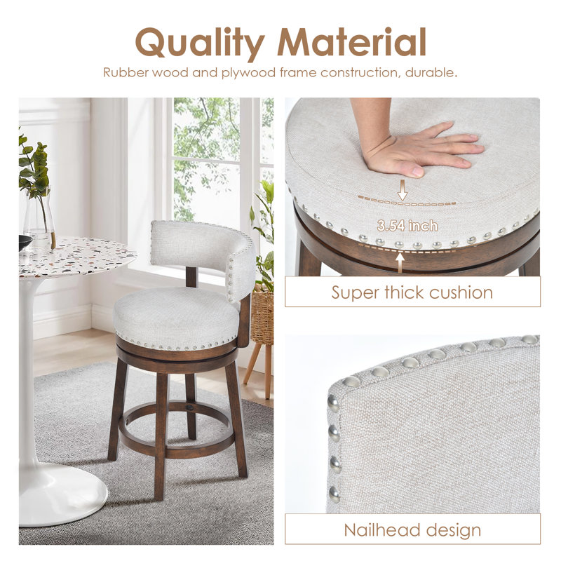 360° Swivel Bar & Counter Stool with Nailhead Trim, Upholstered Solid Wood Bar Chair for Kitchen Island, Beige