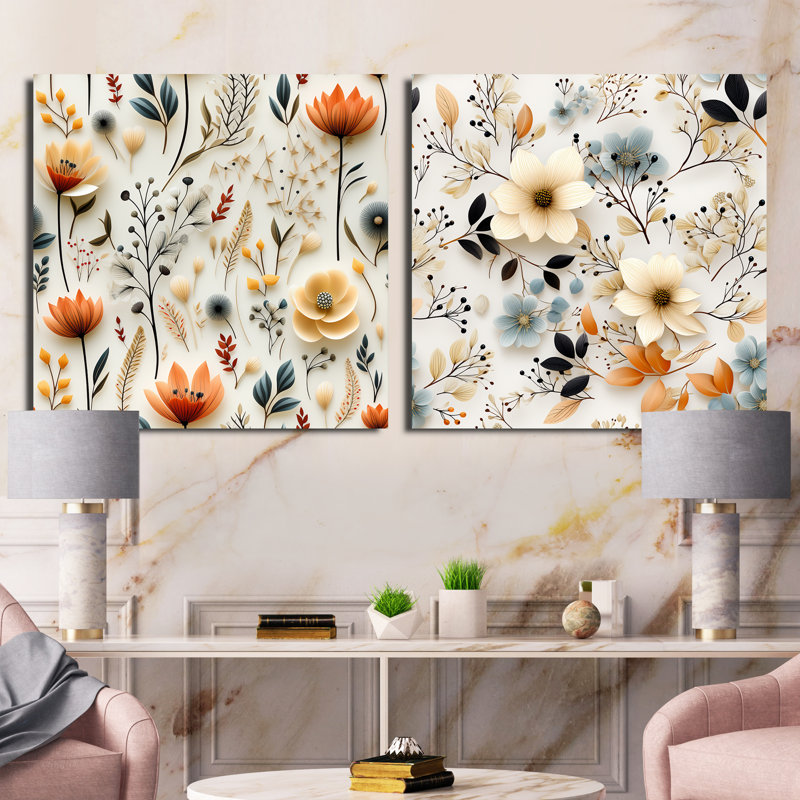 Automne orange et blanc fleurs de chalet III - ensemble de collage carré floral 2, Toile tendue, H 16 po x l 33 po