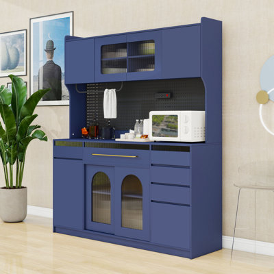 Freestanding Buffet with Hutch, Adjustable Shelves, Drawers, Pegboard, Towel Rack and Power Outlet