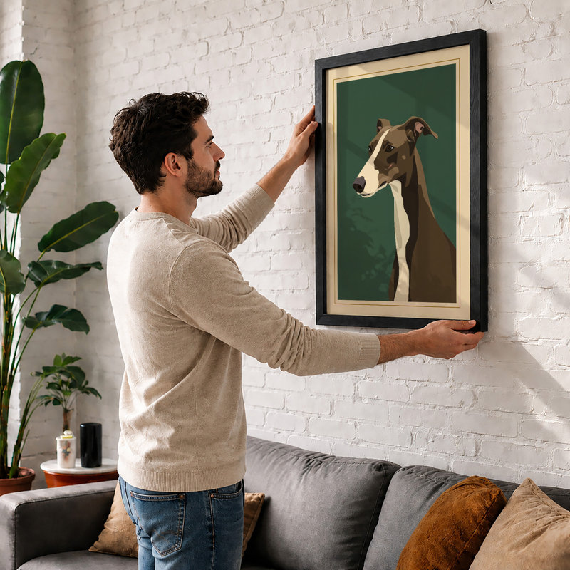 Greyhound Portrait Mid-Century - Framed Print, Walnut, A4 - 29.7 x 21.0 cm