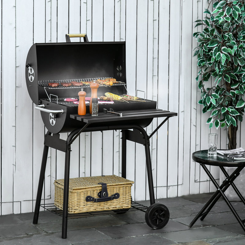 30" Charcoal Grill Smoker - Portable Steel Bbq With Storage Shelf For Picnic, Garden Black Space & Wheels