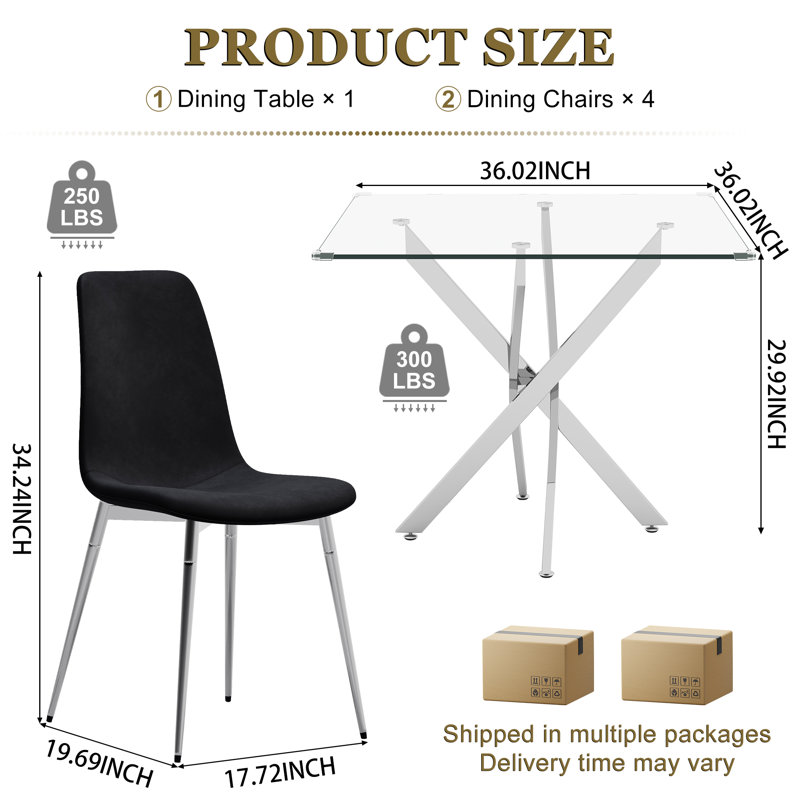 36" Square Glass Dining Table Set, Modern Stainless Steel Cross-Leg Base With 4 Velvet Upholstered Chairs